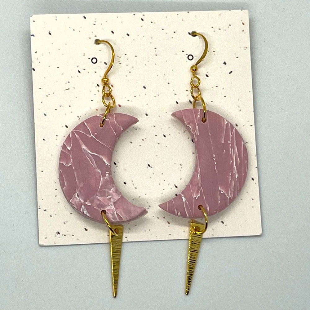 SOLD: Marble Mauve Moon Polymer Clay Earrings